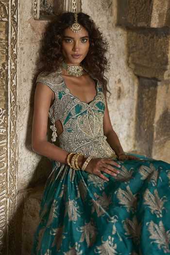 Shop_Bhumika Sharma_Green Organza Leaf Neck Lyla Printed Anarkali _Online_at_Aza_Fashions