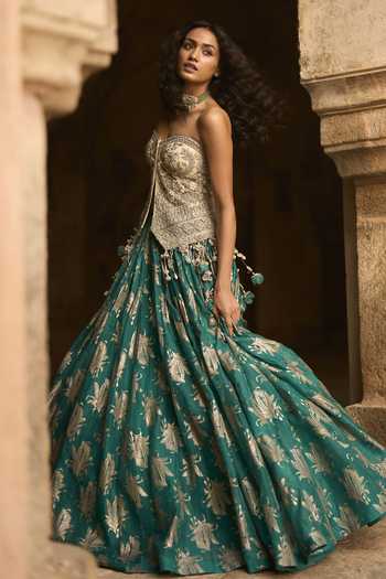 Bhumika Sharma_Ivory Organza, Net Beads, Zari, Stones Amara Embroidered Corset And Skirt Set _Online_at_Aza_Fashions