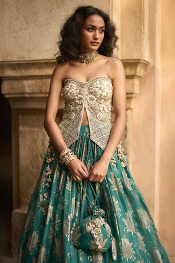 Buy_Bhumika Sharma_Ivory Organza, Net Beads, Zari, Stones Amara Embroidered Corset And Skirt Set _Online_at_Aza_Fashions