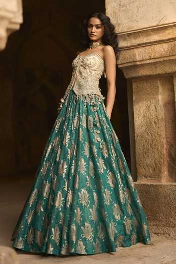 Shop_Bhumika Sharma_Ivory Organza, Net Beads, Zari, Stones Amara Embroidered Corset And Skirt Set _at_Aza_Fashions