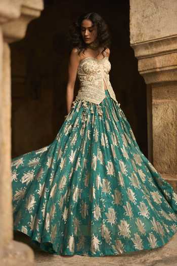 Shop_Bhumika Sharma_Ivory Organza, Net Beads, Zari, Stones Amara Embroidered Corset And Skirt Set _Online_at_Aza_Fashions