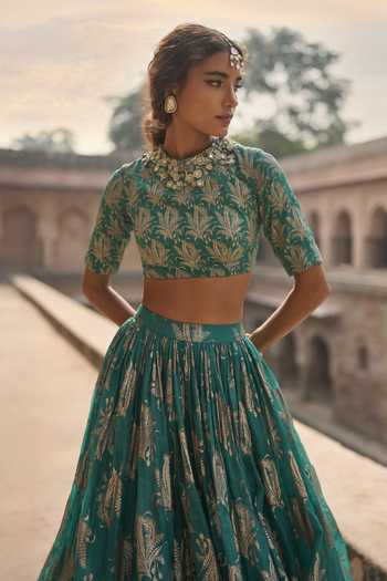 Bhumika Sharma_Green Organza High Neck Reya Printed Lehenga And Blouse Set _Online_at_Aza_Fashions