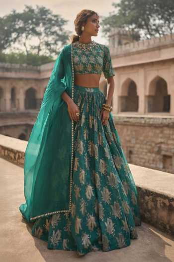 Buy_Bhumika Sharma_Green Organza High Neck Reya Printed Lehenga And Blouse Set _Online_at_Aza_Fashions
