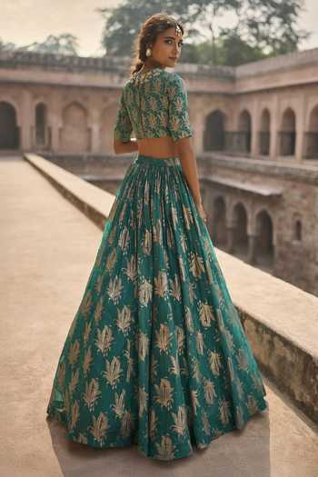 Shop_Bhumika Sharma_Green Organza High Neck Reya Printed Lehenga And Blouse Set _at_Aza_Fashions