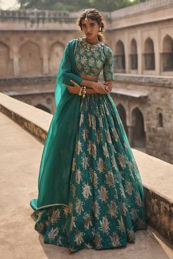 Buy_Bhumika Sharma_Green Organza High Neck Reya Printed Lehenga And Blouse Set _at_Aza_Fashions
