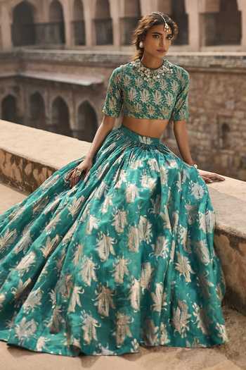 Shop_Bhumika Sharma_Green Organza High Neck Reya Printed Lehenga And Blouse Set _Online_at_Aza_Fashions