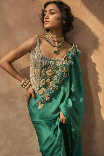 Shop_Bhumika Sharma_Green Silk, Satin, Net Embroidery, Zari, Fabric Hana Border Saree With Corset _at_Aza_Fashions
