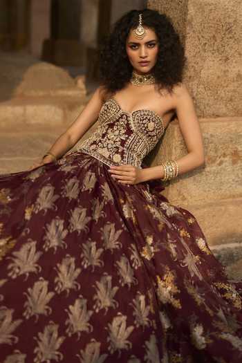 Bhumika Sharma_Maroon Organza, Net Sweetheart Neck Victoria Printed Anarkali _Online_at_Aza_Fashions