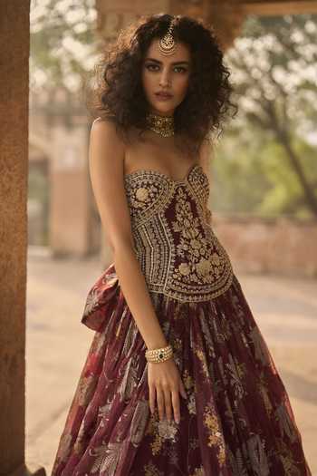 Buy_Bhumika Sharma_Maroon Organza, Net Sweetheart Neck Victoria Printed Anarkali _Online_at_Aza_Fashions