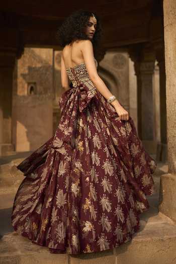 Shop_Bhumika Sharma_Maroon Organza, Net Sweetheart Neck Victoria Printed Anarkali _at_Aza_Fashions