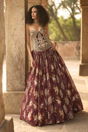 Buy_Bhumika Sharma_Maroon Organza, Net Sweetheart Neck Victoria Printed Anarkali _at_Aza_Fashions
