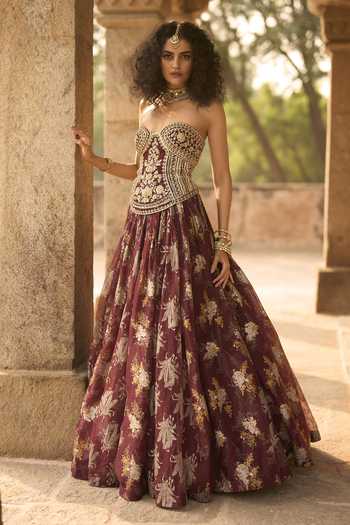 Shop_Bhumika Sharma_Maroon Organza, Net Sweetheart Neck Victoria Printed Anarkali _Online_at_Aza_Fashions