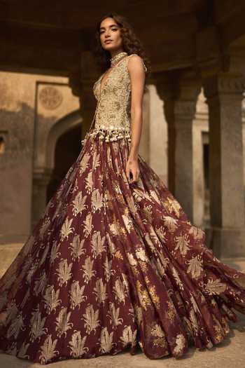 Bhumika Sharma_Maroon Organza, Net V-neck Grace Embroidered Jacket Skirt Set _Online_at_Aza_Fashions