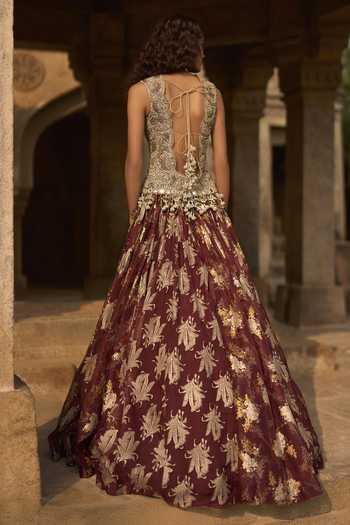 Shop_Bhumika Sharma_Maroon Organza, Net V-neck Grace Embroidered Jacket Skirt Set _at_Aza_Fashions