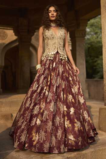 Buy_Bhumika Sharma_Maroon Organza, Net V-neck Grace Embroidered Jacket Skirt Set _at_Aza_Fashions