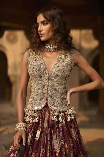 Buy_Bhumika Sharma_Maroon Organza, Net V-neck Grace Embroidered Jacket Skirt Set _Online_at_Aza_Fashions