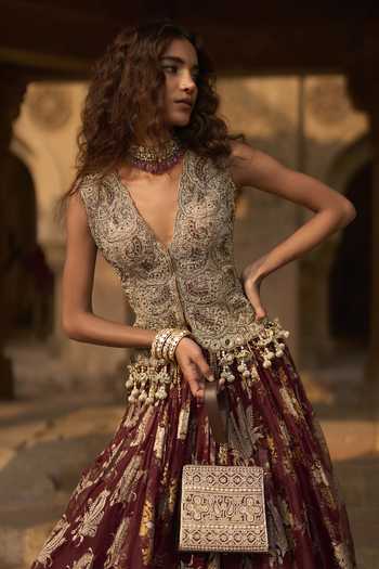 Shop_Bhumika Sharma_Maroon Organza, Net V-neck Grace Embroidered Jacket Skirt Set _Online_at_Aza_Fashions