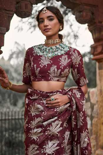 Bhumika Sharma_Brown Organza High Neck Lara Printed Saree With Blouse _Online_at_Aza_Fashions