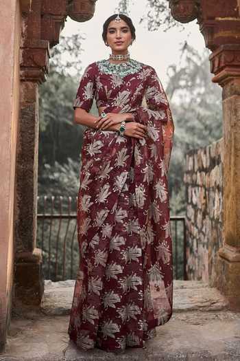 Buy_Bhumika Sharma_Brown Organza High Neck Lara Printed Saree With Blouse _at_Aza_Fashions