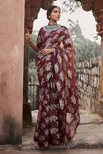 Shop_Bhumika Sharma_Brown Organza High Neck Lara Printed Saree With Blouse _at_Aza_Fashions