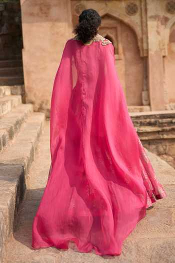 Shop_Bhumika Sharma_Fuchsia Organza V-neck Lorance Printed Cape Lehenga Set _at_Aza_Fashions