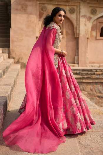 Bhumika Sharma_Fuchsia Organza V-neck Lorance Printed Cape Lehenga Set _Online_at_Aza_Fashions
