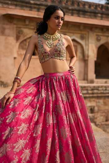 Shop_Bhumika Sharma_Fuchsia Organza V-neck Lorance Printed Cape Lehenga Set _Online_at_Aza_Fashions