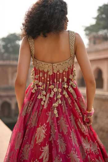 Shop_Bhumika Sharma_Fuchsia Organza Sweetheart Neck Zara Floral Print Anarkali _at_Aza_Fashions