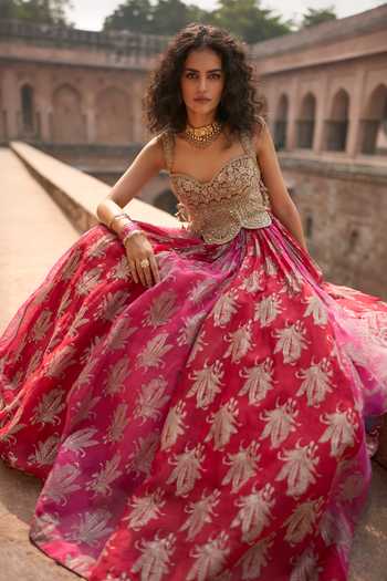 Buy_Bhumika Sharma_Fuchsia Organza Sweetheart Neck Zara Floral Print Anarkali _Online_at_Aza_Fashions