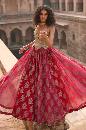 Buy_Bhumika Sharma_Fuchsia Organza Sweetheart Neck Zara Floral Print Anarkali _at_Aza_Fashions