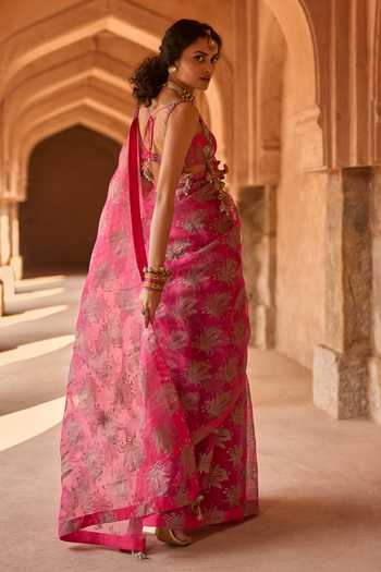 Shop_Bhumika Sharma_Fuchsia Organza Scoop Neck Myla Printed Saree With Blouse _at_Aza_Fashions