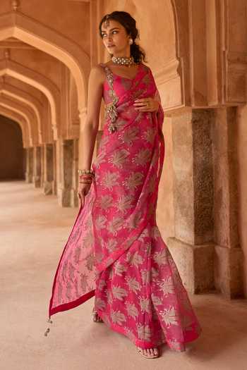 Buy_Bhumika Sharma_Fuchsia Organza Scoop Neck Myla Printed Saree With Blouse _Online_at_Aza_Fashions