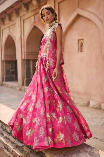Bhumika Sharma_Fuchsia Organza, Net V-, Open Nurshort Printed Jacket Skirt Set _Online_at_Aza_Fashions