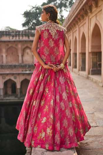 Shop_Bhumika Sharma_Fuchsia Organza, Net V-, Open Nurshort Printed Jacket Skirt Set _at_Aza_Fashions