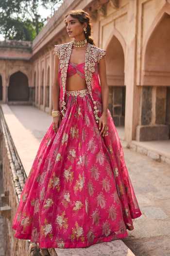 Buy_Bhumika Sharma_Fuchsia Organza, Net V-, Open Nurshort Printed Jacket Skirt Set _Online_at_Aza_Fashions