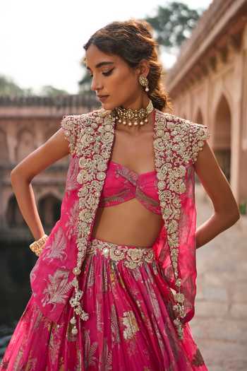 Shop_Bhumika Sharma_Fuchsia Organza, Net V-, Open Nurshort Printed Jacket Skirt Set _Online_at_Aza_Fashions