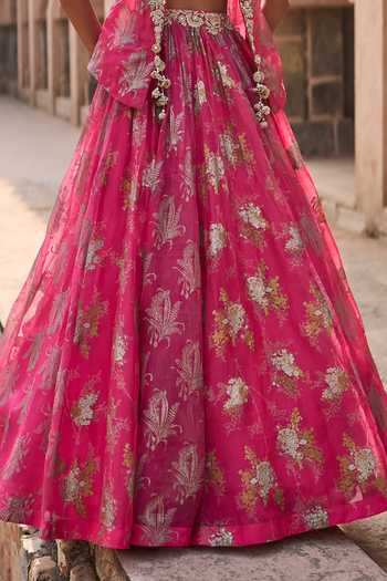Bhumika Sharma_Fuchsia Organza, Net V-, Open Nurshort Printed Jacket Skirt Set _at_Aza_Fashions