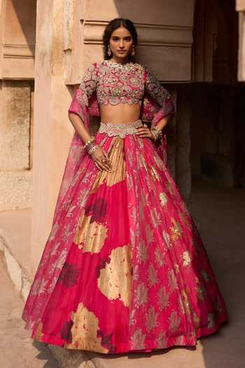 Buy_Bhumika Sharma_Fuchsia Organza, Net High Neck Eva Printed Lehenga Set _at_Aza_Fashions