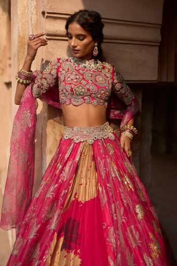 Shop_Bhumika Sharma_Fuchsia Organza, Net High Neck Eva Printed Lehenga Set _at_Aza_Fashions