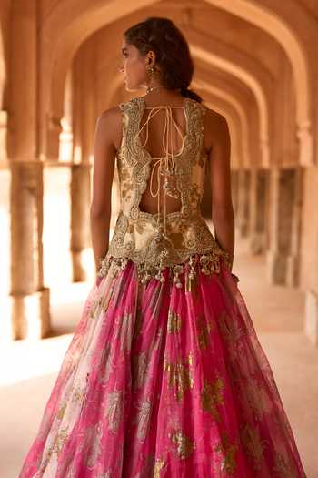Shop_Bhumika Sharma_Fuchsia Organza, Net Leaf Neck Liyana Printed Jacket Skirt Set _at_Aza_Fashions