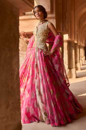 Bhumika Sharma_Fuchsia Organza, Net Leaf Neck Liyana Printed Jacket Skirt Set _Online_at_Aza_Fashions