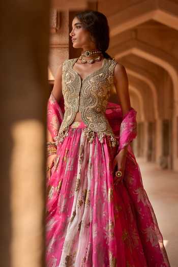 Buy_Bhumika Sharma_Fuchsia Organza, Net Leaf Neck Liyana Printed Jacket Skirt Set _Online_at_Aza_Fashions