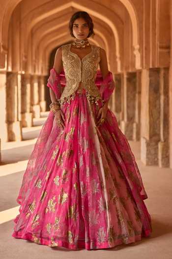 Buy_Bhumika Sharma_Fuchsia Organza, Net Leaf Neck Liyana Printed Jacket Skirt Set _at_Aza_Fashions