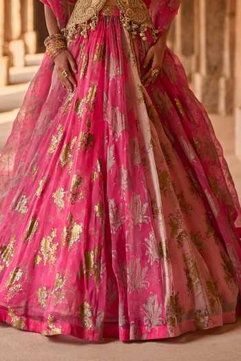Shop_Bhumika Sharma_Fuchsia Organza, Net Leaf Neck Liyana Printed Jacket Skirt Set _Online_at_Aza_Fashions