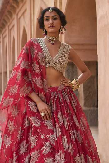 Bhumika Sharma_Red Organza, Net V-neck Floral Print Skirt Set _Online_at_Aza_Fashions