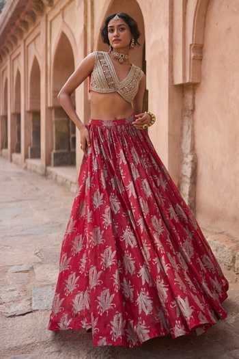 Buy_Bhumika Sharma_Red Organza, Net V-neck Floral Print Skirt Set _Online_at_Aza_Fashions
