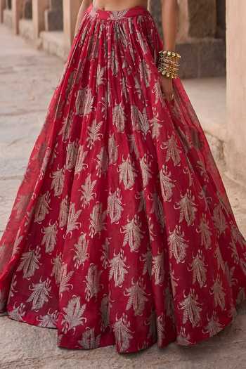 Shop_Bhumika Sharma_Red Organza, Net V-neck Floral Print Skirt Set _Online_at_Aza_Fashions
