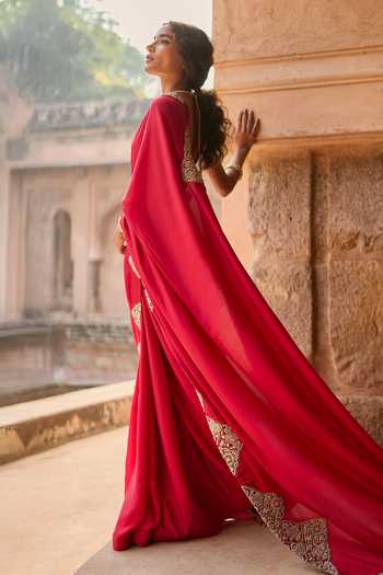 Shop_Bhumika Sharma_Red Silk, Organza, Satin Sweetheart Neck Mila Embroidered Saree With Bustier _at_Aza_Fashions