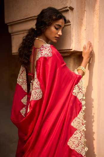 Bhumika Sharma_Red Silk, Organza, Satin Sweetheart Neck Mila Embroidered Saree With Bustier _Online_at_Aza_Fashions