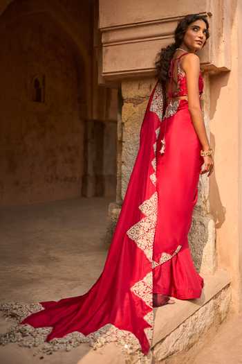 Buy_Bhumika Sharma_Red Silk, Organza, Satin Sweetheart Neck Mila Embroidered Saree With Bustier _Online_at_Aza_Fashions